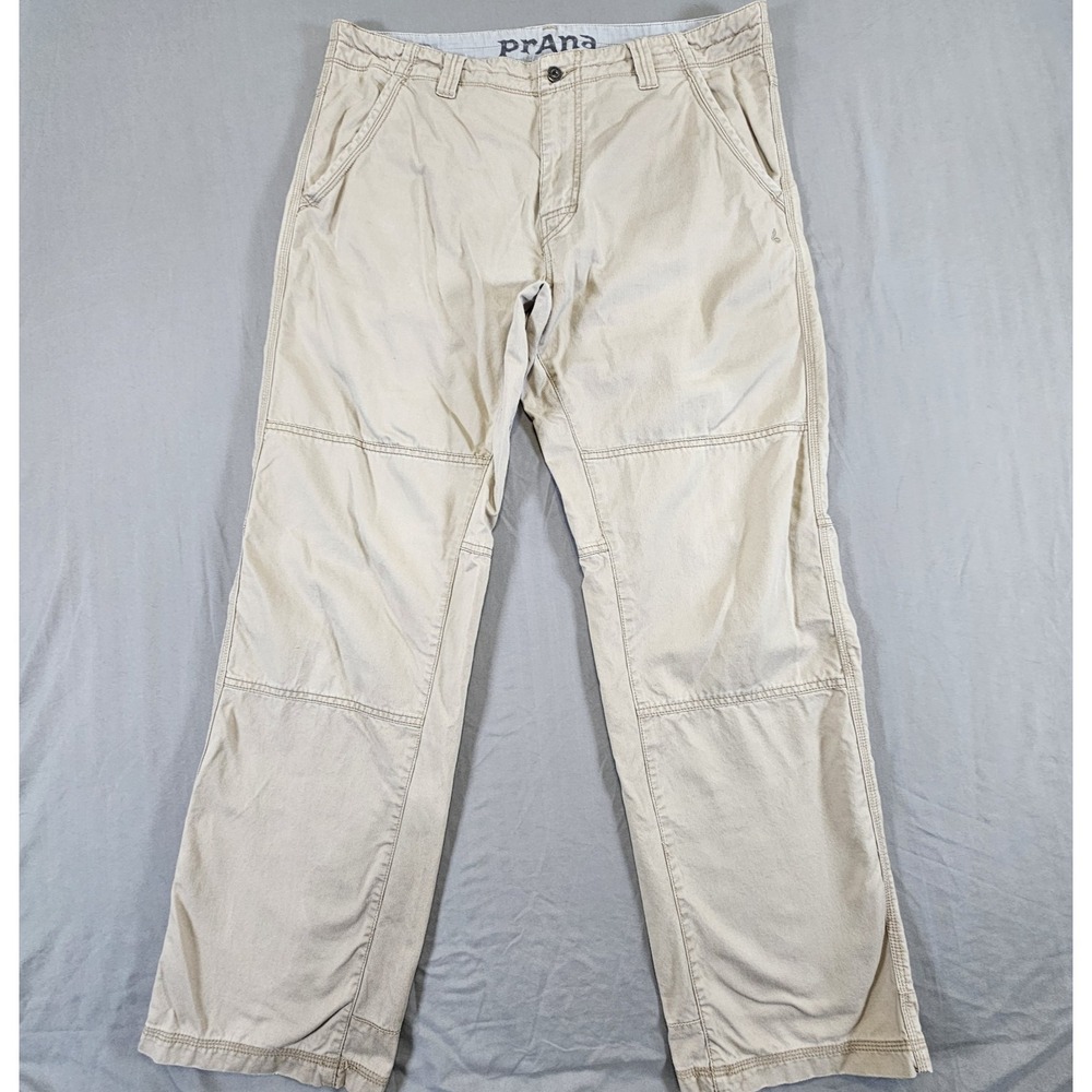 prAna Mens Tan Beige 36 32 Solid Casual Pants Regular Fit Logo Accent